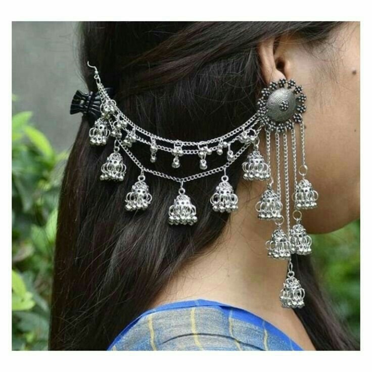 silver oxidised jhumka with ear chain 67e8f9d7